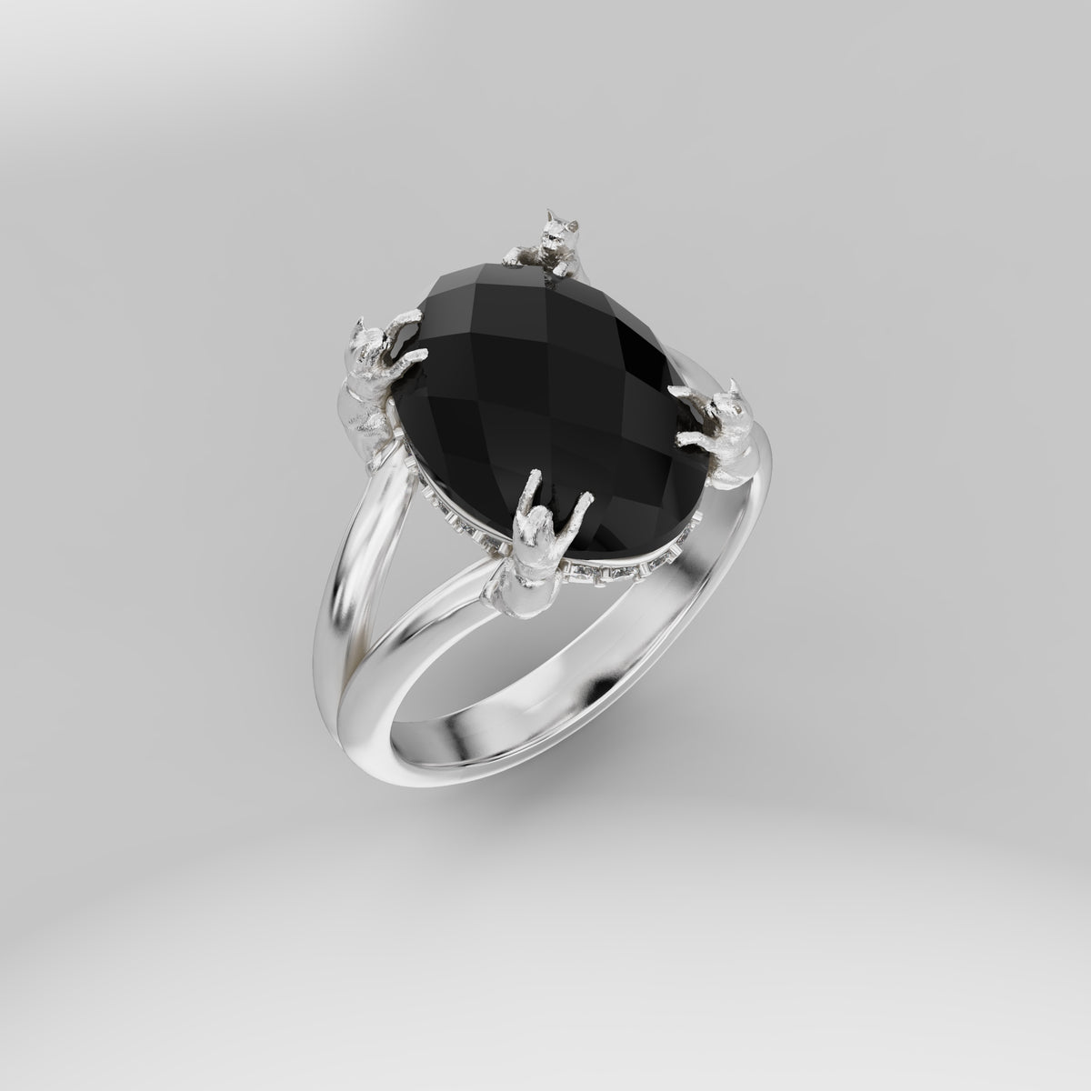 Classic Cat Prong Ring with Diamonds - 14mm Oval