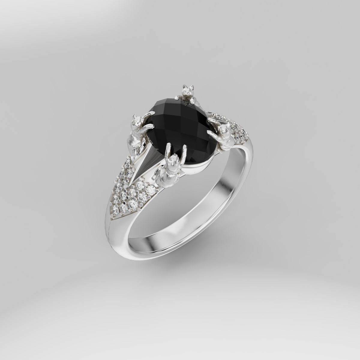 Petite Cat Signet Ring with Diamonds - 9x7 Oval